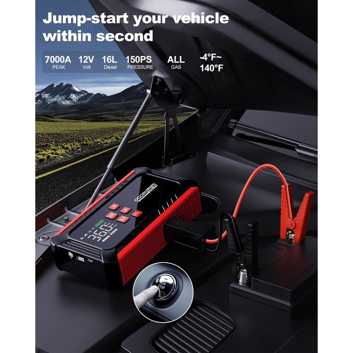 Powerbank для авто з компресором 150PSI, 7000A, 12V, 8L/10L (бензин/дизель), LED-ліхтарик