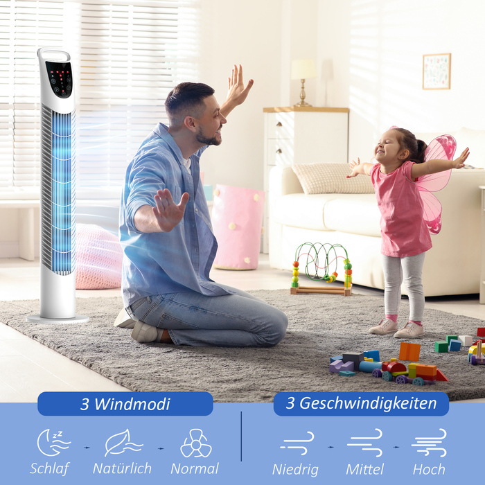 Вежа-вентилятор, 3 режими роботи, безшумний режим, таймер, пульт керування, 18x78,5 см, білий