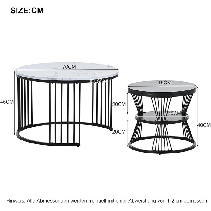 Набір журнальних столиків Merax з 2 шт. , мармуровий вигляд, для зберігання, для вітальні/балкона/офісу, метал, білий і чорний