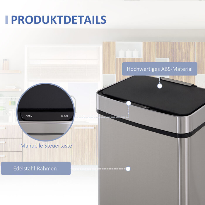 Відро для сміття з датчиком 47 л + 2 x 12,5 л. Автоматичне відро для сміття з датчиком руху, водонепроникна система сортування сміття з нержавіючої сталі для кухні, срібного кольору.