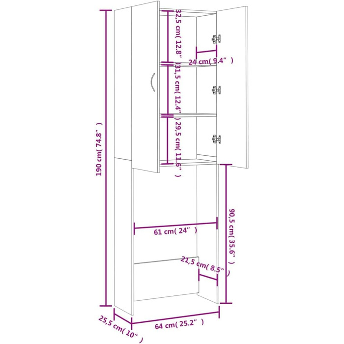 Шафа для пральної машини 2 двері, 3 відділення 64x25.5x190см (копчений дуб)