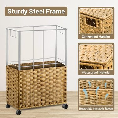 Кошик для білизни 70л з кришкою та колесами, коричневий. Кошик для брудної білизни з рухомими мішками та сортувальником.