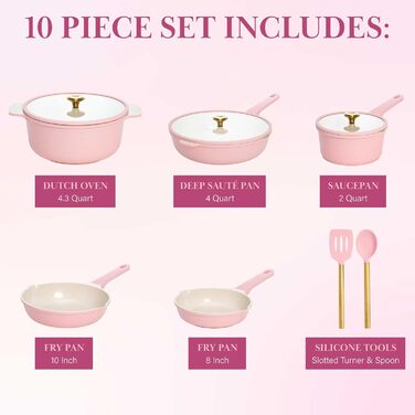 Набір посуду Paris Hilton Ceramic Pink, 10 предметів, антипригарне покриття, нержавіюча сталь, без PFAS, PFOA, PFOS, PTFE, для посудомийної машини