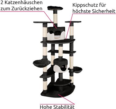 Кігтеточка tectake XXL для кішок, велика, з іграшкою для кішки, лежаче корито, 2 котячі печери, висота стелі (чорний/білий)