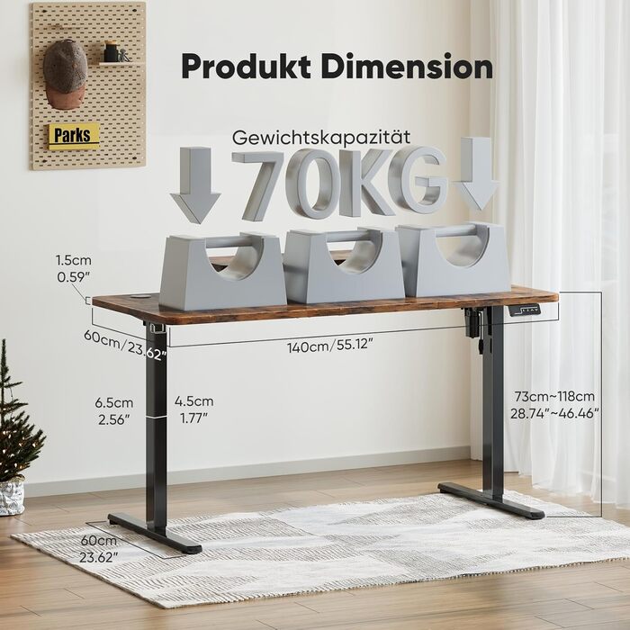 Регульований стіл Sweetcrispy з підставкою для монітора, електричний, ергономічний, стоячи/сидячи, комп'ютерний стіл, vintage (колір: коричневий, розмір: 140 x 60 см)