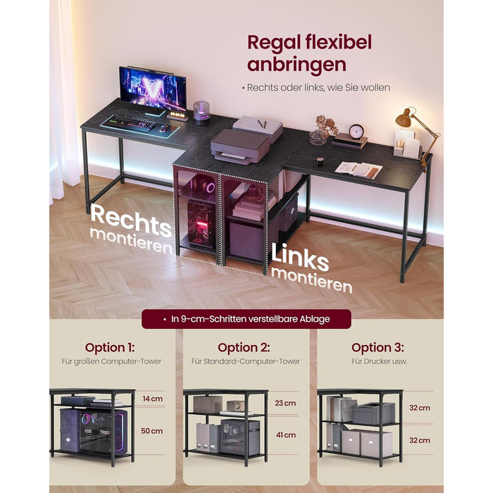 Настільний комп'ютерний стіл VASAGLE L-подібної форми з полицею, для дому та офісу, 110 x 80 см, чорний, без розетки