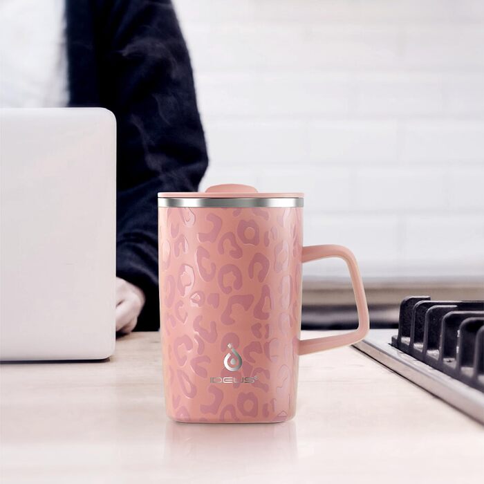 Кавова чашка Ideus® 470 мл з подвійними стінками, з нержавіючої сталі, з нековзним ручками та кришкою-ковпачком (Червоно-зебра, Рожева Леопард)
