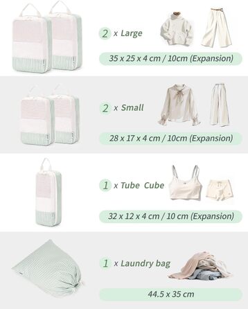 Набір органайзерів для валізи та рюкзака Narwey, 6 шт, компресійні органайзери для одягу та речей у подорож, світло-зелені смужки