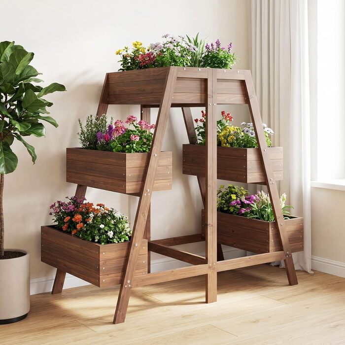 Вертикальна грядка COSTWAY з 3 ярусами, 6 контейнерами для квітів, дерев'яний ящик для рослин на терасу, балкон, сад - коричневий, 126x90x115 см