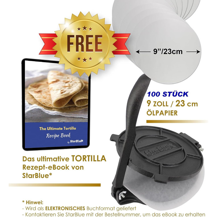 Пресс для тортильї StarBlue з чавуну, 10 дюймів (25 см), 100 шт. паперу для випікання, електронна книга з рецептами, для приготування чіпаті, роті, тортильї