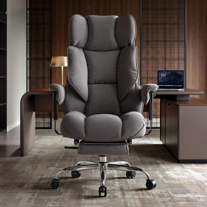 Офісний крісло Efomao XXL до 200 кг, важке, тканинне, з підставкою для ніг, ергономічне для комп'ютера з високою спинкою, похиле для дому/офісу, з товстою м'якою оббивкою (Сірий)