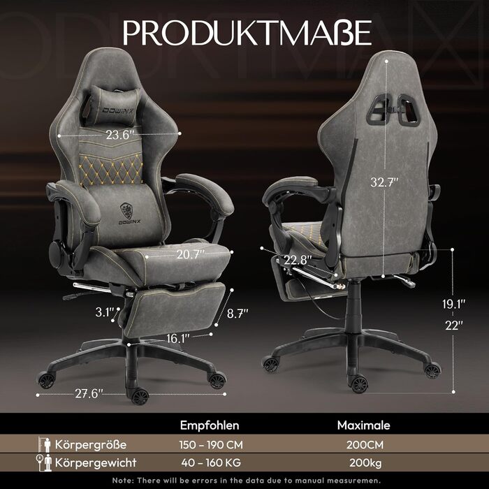 Ігрове крісло Dowinx з підніжкою, масажером попереку та офісним комфортом, до 200 кг, регулювання спинки 165°, сірий