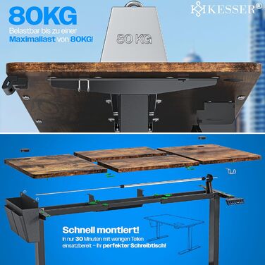 Електричний регульований стіл KESSER® 180x80 см | Ергономічний стіл для стоячи/сидячи | Пам'ять 3 функцій | З роликами 360° та USB-зарядкою | Стіл для офісу вдома, коричневий