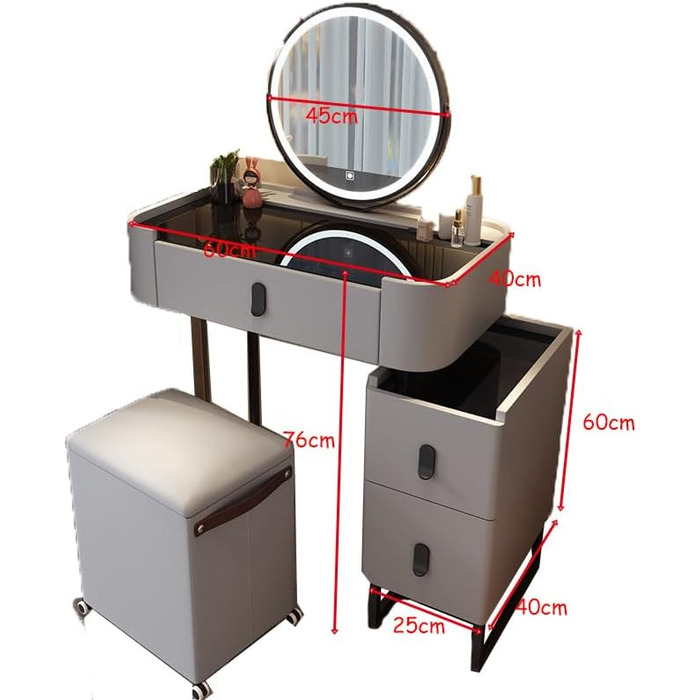 Туалетний столик з дзеркалом, Шків для зберігання, Шафа з подвійними ящиками, 6040см, Сірий