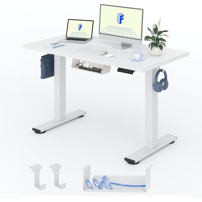 Регульований за висотою стіл FlexiSpot Basic – з органайзером кабелів, гачками та суцільною стільницею. Ергономічний стіл для дому та офісу (120x60 см, білий)