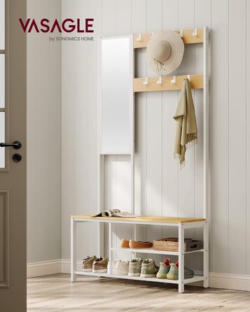 Дзеркало-вішалка VASAGLE HSR415B01 з банкеткою та полицею для взуття, 35 x 98 x 180 см, індустріальний дизайн, вінтажний колір