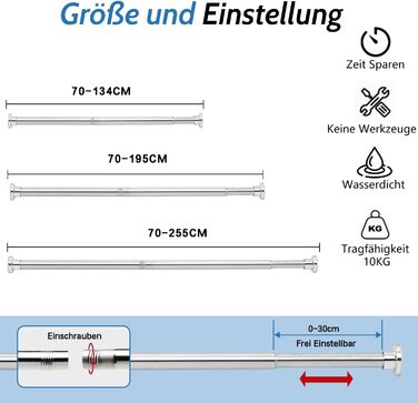 Телескопічна штанга 70-255CM Висувна штора для душу без свердління Срібний затискач для шафи