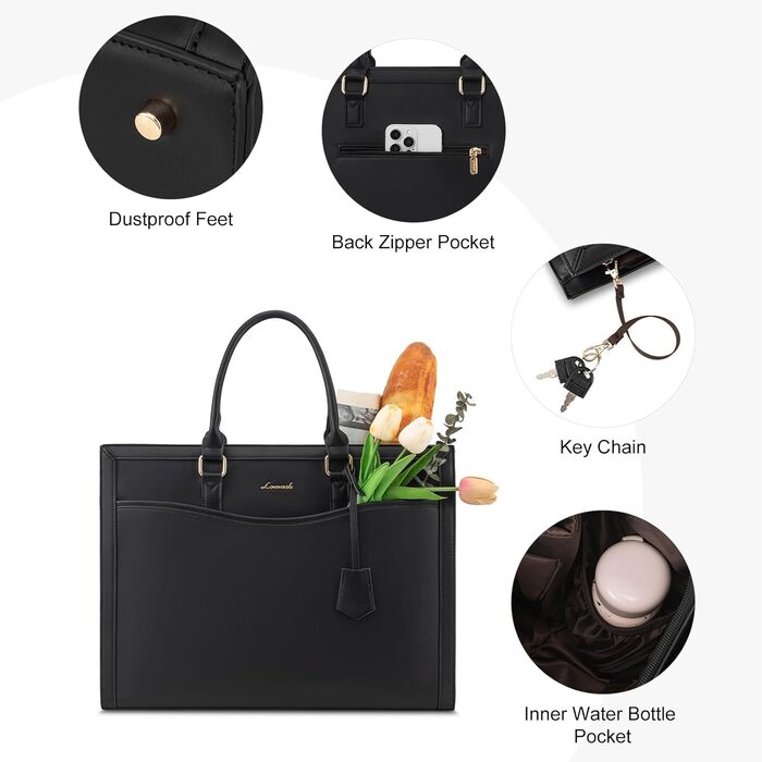 Сумка для ноутбука LOVEVOOK 15.6 дюймів, жіноча, велика, з натуральної шкіри, shopper, tote bag, для роботи, навчання, універсальна, чорна