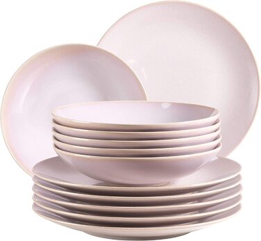 Набір тарілок для 6 осіб у вінтажному середземноморському стилі, сучасна їдальня з 12 страв з суповими і обідніми тарілками пісочно-сірого кольору, кераміка, (рожевий), 931734 Ossia
