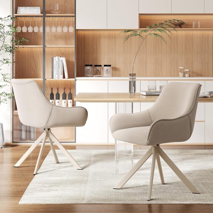 Обідні стільці поворотні, комплект 6 шт. з підлокітниками, 30° поворот, м'який стілець з льону, сучасний поворотний стілець для кухні, їдальні, вітальні, офісу, колір коричневий, металевий каркас, спинка