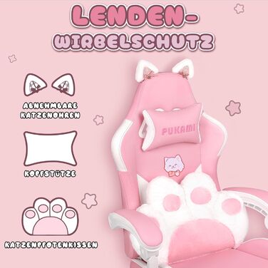 Ігровий крісло Waleaf з підголовником у вигляді лапки кота та вушками, ергономічний геймерський крісло з підніжкою, регульоване крісло для комп'ютера з PU шкіри для дівчаток-підлітків, ігрове крісло 135кг, рожеве