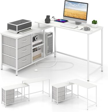 Письмовий стіл L-подібної форми, двосторонній кутовий стіл з 4 полицями, кутовий стіл з 3 отворами для кабелю, ігровий комп'ютерний стіл Офісний стіл для домашнього офісу, 151 x 151 x 75 см (білий, 205 x 48 x 75 см)