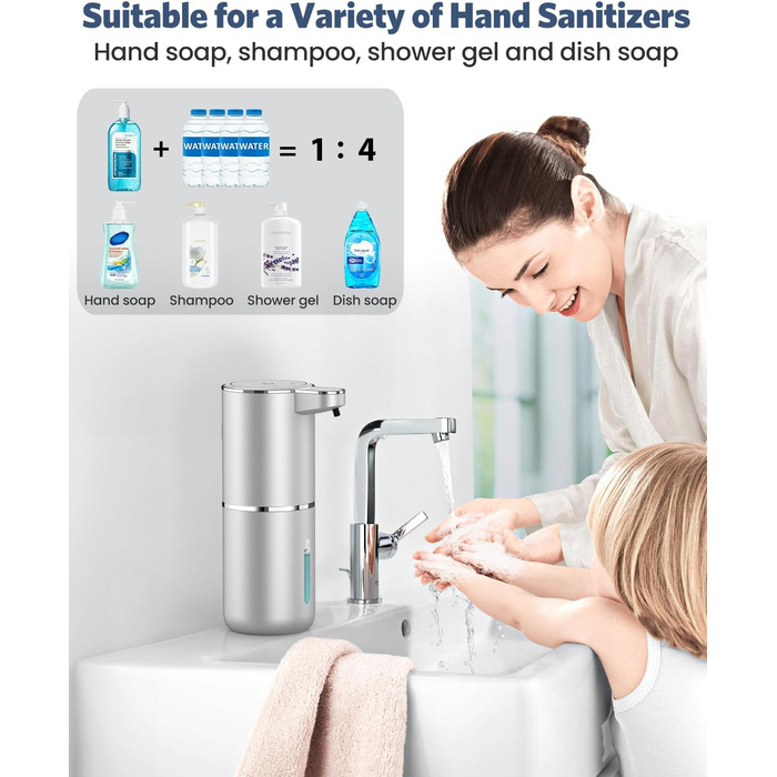 Автоматичний дозатор мила, 380 мл, електричний, з датчиком, USB, водонепроникний IPX5, для кухні, ванної кімнати, школи, готелю (сріблястий, піна)