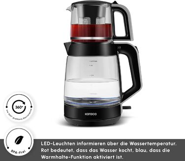Чайник-заварник електричний Karaca Glass XL 2 в 1, чорний, 0.9л/2.2л, LED, 360°