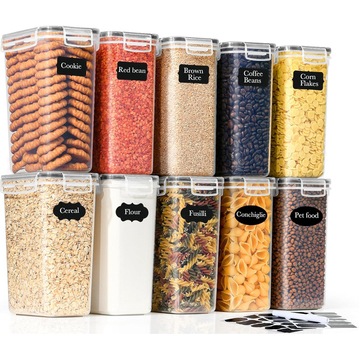 Контейнери для зберігання GoMaihe 12 шт. з кришкою: набір контейнерів для кухні, 800 мл з етикетками. Їдальня, цукор, спеції. Без BPA, придатні для миття в посудомийній машині. 0.8 л x 12 шт. (Чорний, 2.0 л x 10 шт.)