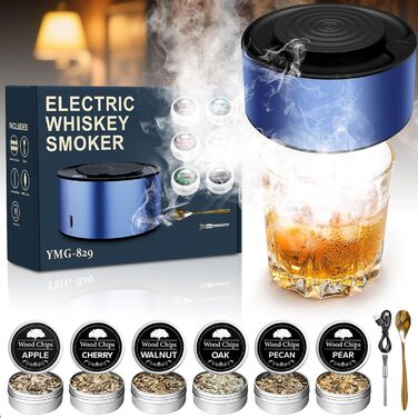Електричний набір для копчення віскі з 6 дерев'яними чіпсами, перезаряджуваний, з вбудованим запальничкою, без бутану, ідея подарунка для чоловіків, батька, чоловіка або друга, з LED-підсвічуванням (блакитний)