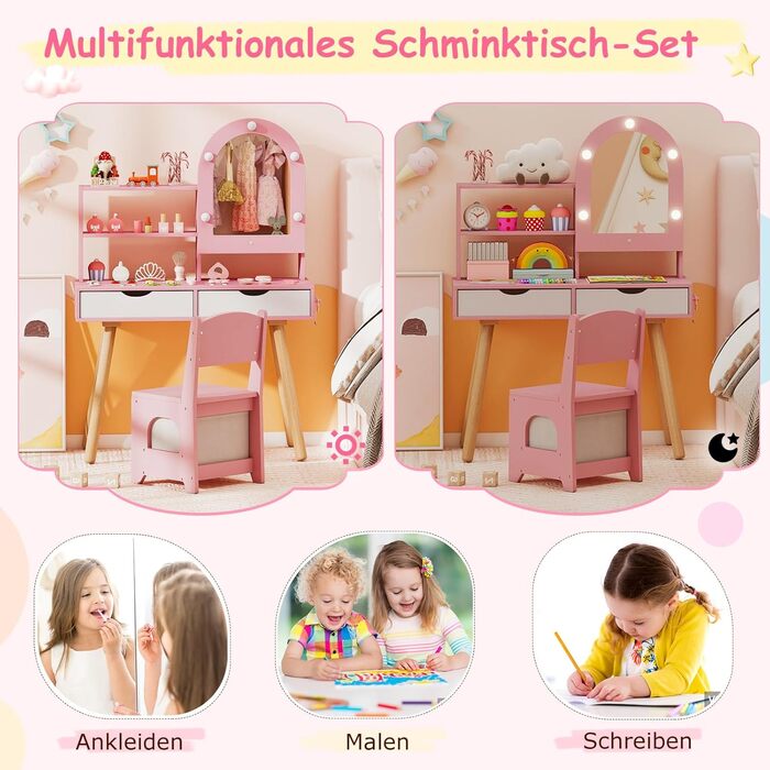 Детський туалетний столик COSTWAY 2-в-1 зі стільчиком та дзеркалом, з LED-підсвіткою, 2 шухляди, для дівчаток 3-7 років (Рожевий)