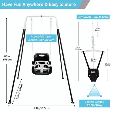 FUNLIO Набір гойдалок 2-в-1 та дверний вистрибувач для малюків, гойдалки для дітей з 4 мішками з піском, складаний металевий стійка для використання в приміщенні та на вулиці, легко збираються та зберігаються - (Чорний)