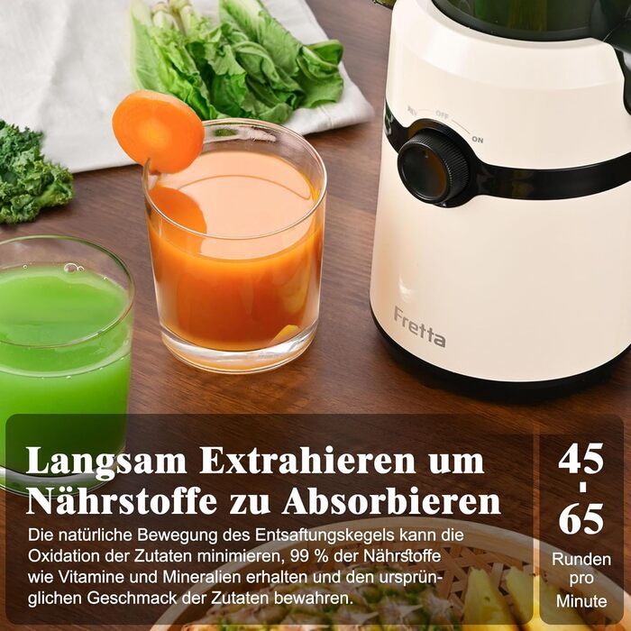 Фреш-прес Fretta: повільний соковичавник з широкою годівницею 108 мм, 200W, 1л, BPA-free Tritan, білий