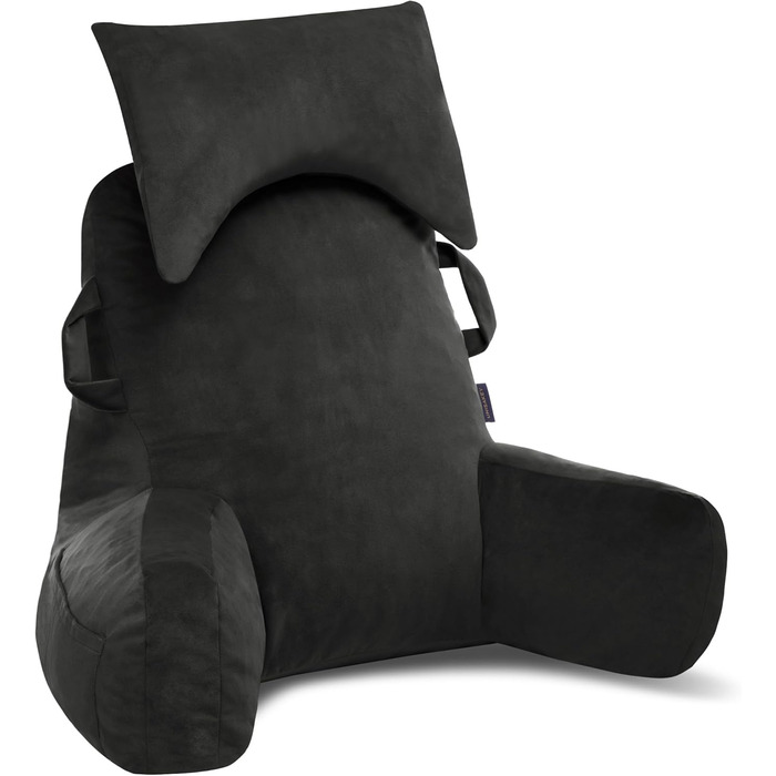 Підлогове крісло для читання з підголівником (Oeko-Tex), м'яке спинне крісло з підлокітниками та кишенями для дорослих, зручне ліжко-крісло з Memory Foam для гуртожитку (Сірий, Преміум Великий)