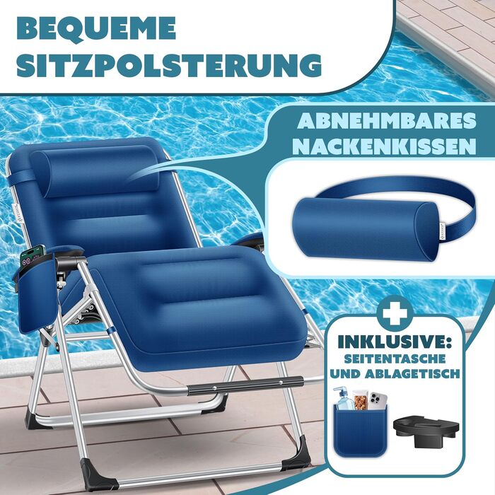 Шезлонг KESSER® для саду, широке крісло, водостійкий, вантажопідйомність 200 кг, ергономічна подушка, регульована спинка, підголовник, тримач для напоїв, підлокітники та бічна кишеня (без сонцезахисного даху), колір: темно-синій