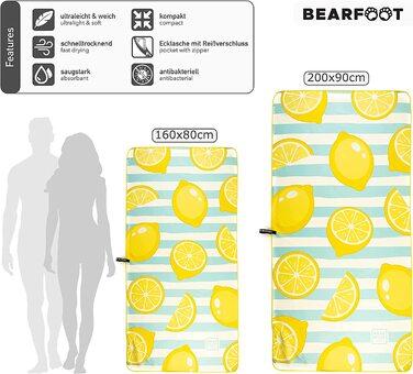 Пляжний рушник з мікрофібри BEARFOOT XXL з кишенею Швидковисихаючі рушники - Рушник з мікрофібри великого розміру-надлегке / аксесуари для відпочинку і пляжу або в якості рушника для сауни (200x90 см, Lemon)