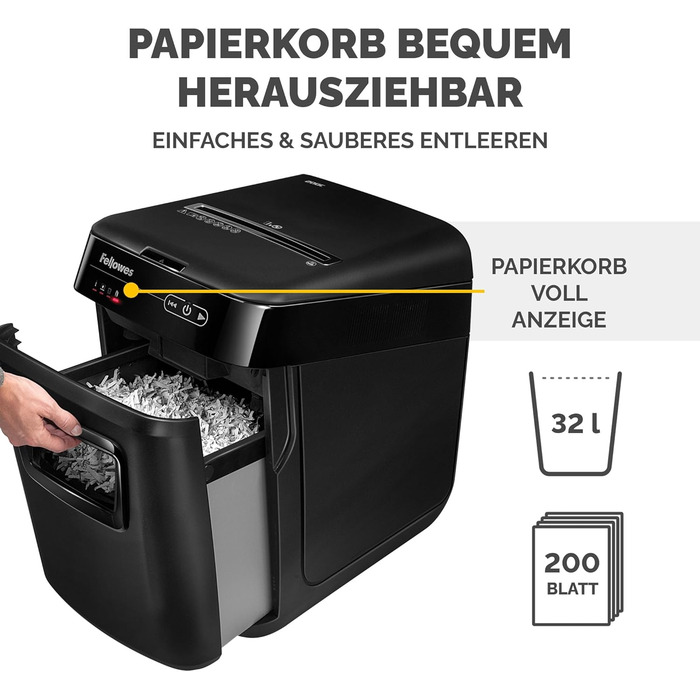 Fellowes Autofeed AutoMax 90M: Шредер для паперу з автоподачею, P4, 90 аркушів/хв, 17 л, тихий, для офісу
