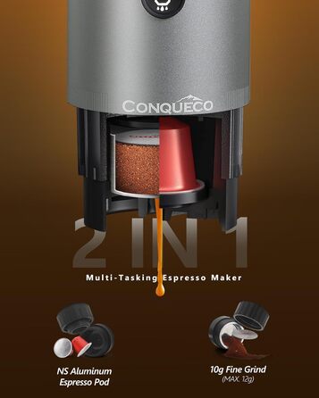 CONQUECO Портативна Еспресо-машина: Електрична кавомашина 12V для авто та подорожей. Сумісна з капсулами NS та меленою кавою (Сірий, 3 шт.)