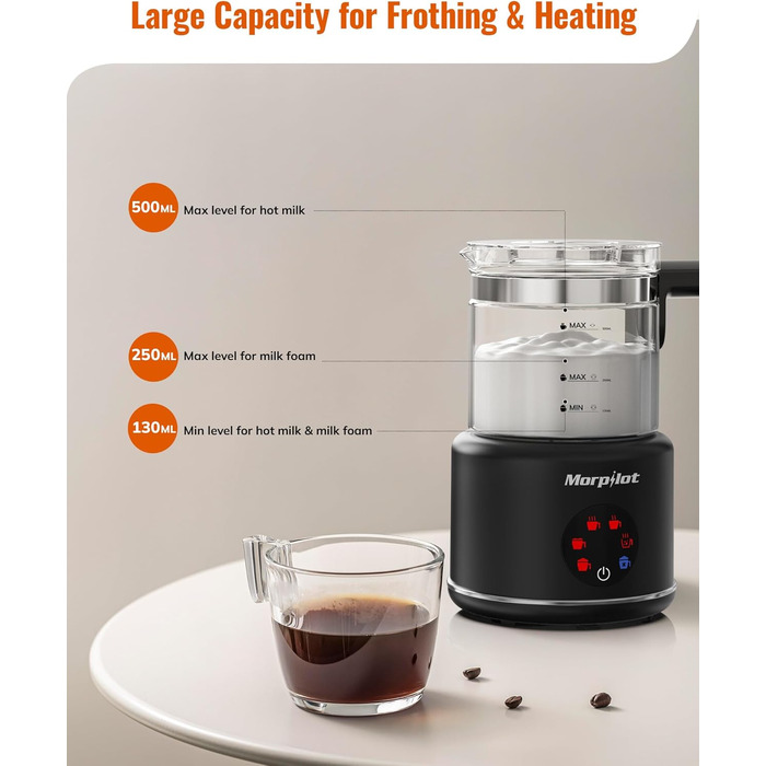 Електричний спінювач молока Morpilot 6-в-1, чорний, 130-500 мл, 600 Вт, для капучино, лате, гарячого шоколаду, миється у посудомийній машині