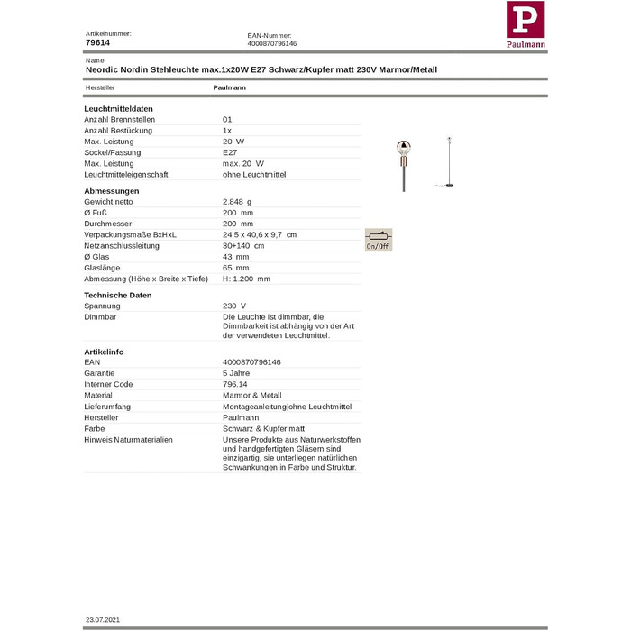 Торшер Paulmann 79615 Neordic Nordin E27, макс. 20 Вт, матове золото, мармур/метал, без лампочки