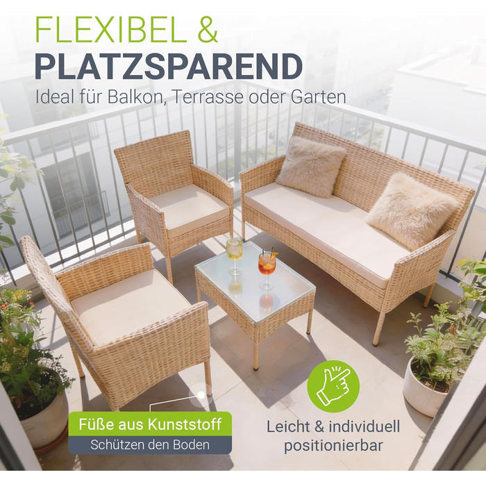 Садовий набір меблів Juskys Fort Myers з ротангу (кремовий) на 4 особи: диван, 2 крісла, стіл, подушки - вуличні меблі для балкона та саду