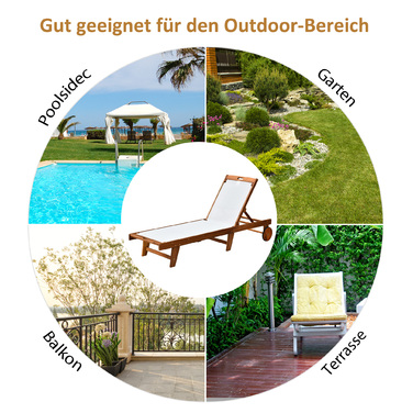 Шезлонг для відпочинку садовий, регульований, з акації, текстиль, натуральний + білий, 198 x 55 x 30-88,5 см