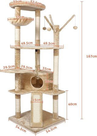 Котяче дерево з морської фіалки велике, міцне котяче дерево котяче дерево, колони, загорнуті натуральним сизалем, котяче дерево XXL з розширеною і потовщеною нижньою пластиною Багаторівнева платформа, 167 см (бежевий)