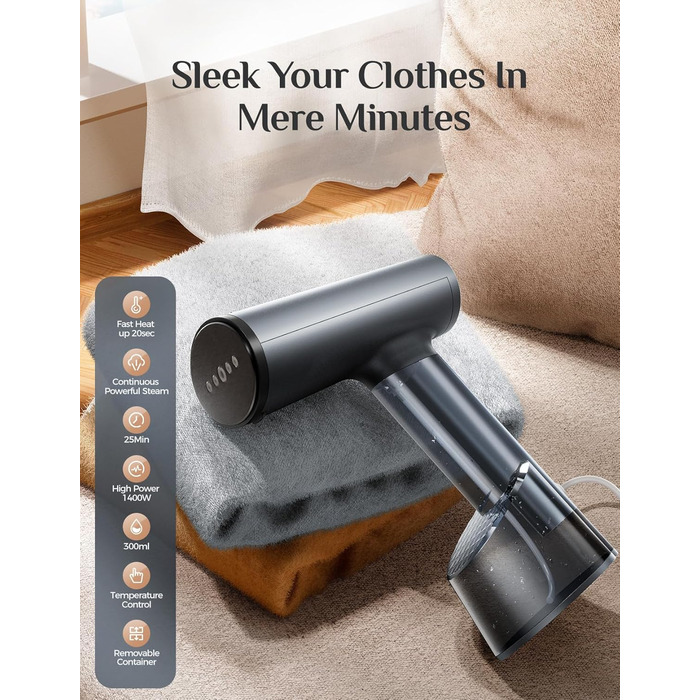 Портативний відпарювач для одягу Mioduro: швидке нагрівання, 1400 Вт, великий резервуар 300 мл