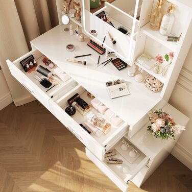 Дзеркальний туалетний столик JUMMICO з LED-підсвічуванням (3 режими яскравості, 3 колірні температури), великий комод з 6 відділеннями, 2 ящиками, бічною шафкою та полицею, 117x40x140 см, білий