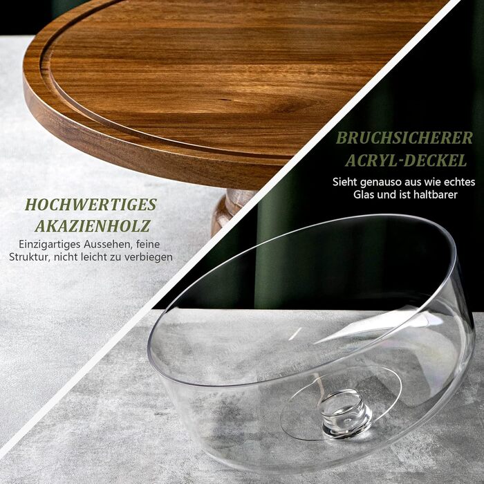 Тортниця з підставкою, дерев'яна з акриловим куполом, для тортів та випічки