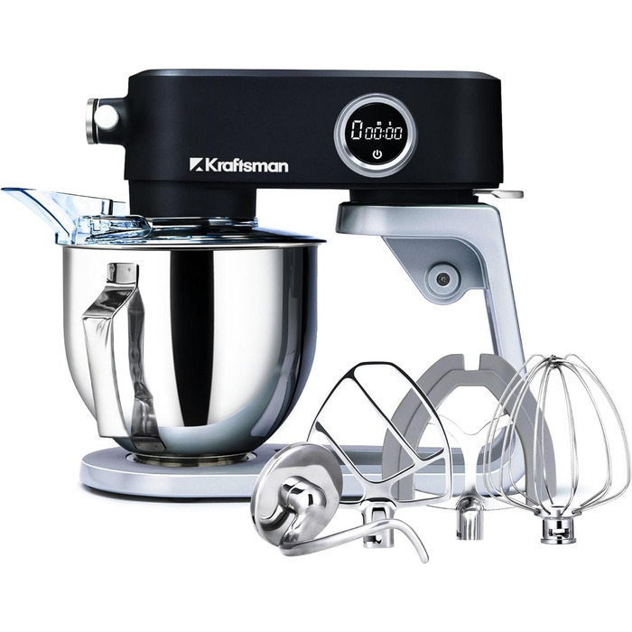 Кухонна машина 5л з місткою чашею з нержавіючої сталі, для тіста, піци, з таймером та 8 режимами. В комплекті: міксер, гак для тіста, вінчик, гнучкий вінчик. Чорний колір.