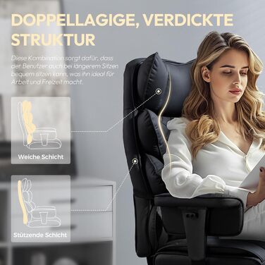 Ігровий крісло Dowinx, ергономічне з кишеньковим пружинним сидінням, крісло для начальника з м'якою спинкою та регульованою поперековою підтримкою, підлокітниками та підставкою для ніг (PU-чорний), чорний PU