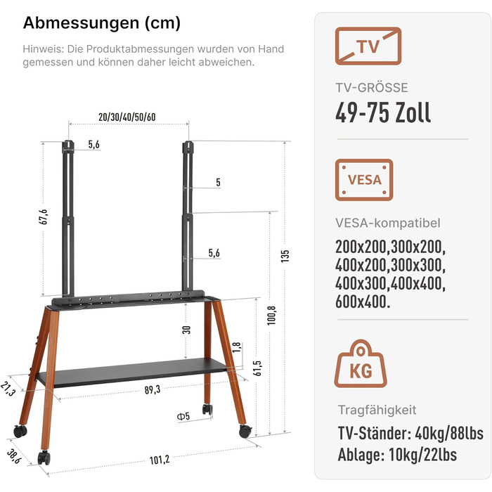 Підставка для телевізора ECOTINY на колесах для 49-75 дюймів, до 40 кг, Easel Design, металева конструкція з дерев'яною полицею, білий (чорний)