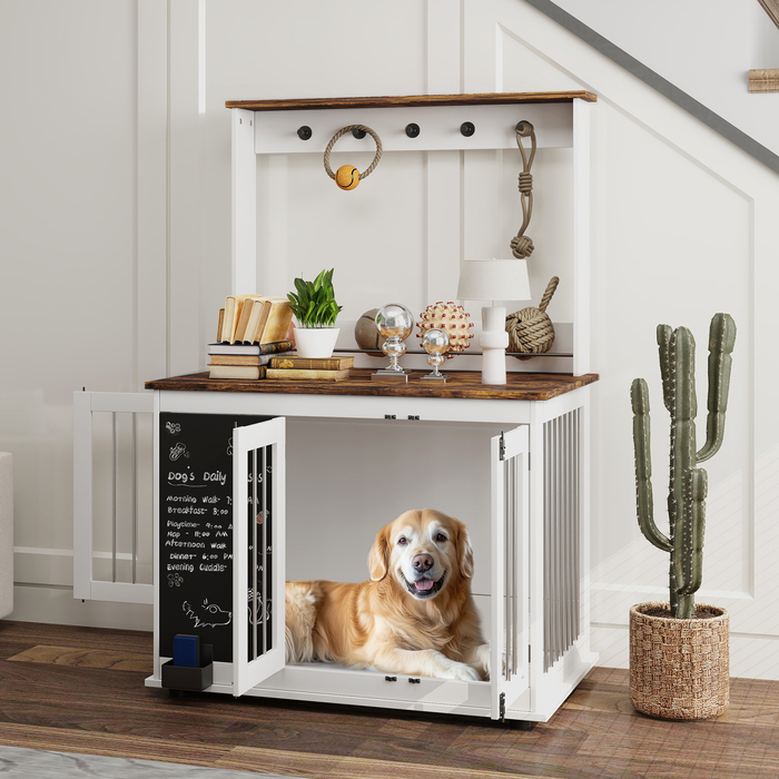 Клітка для собак з полицею для іграшок, гачками для поводок, дощечкою для малювання та ластиком, для великих собак, біла